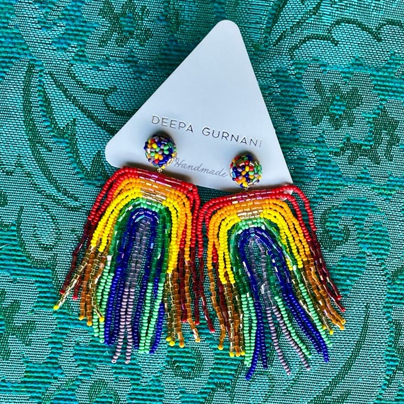 NWT Deepa Gurnani Anthropoligie Rainbow Beaded Fringe Chandelier Earrings - Picture 3 of 12